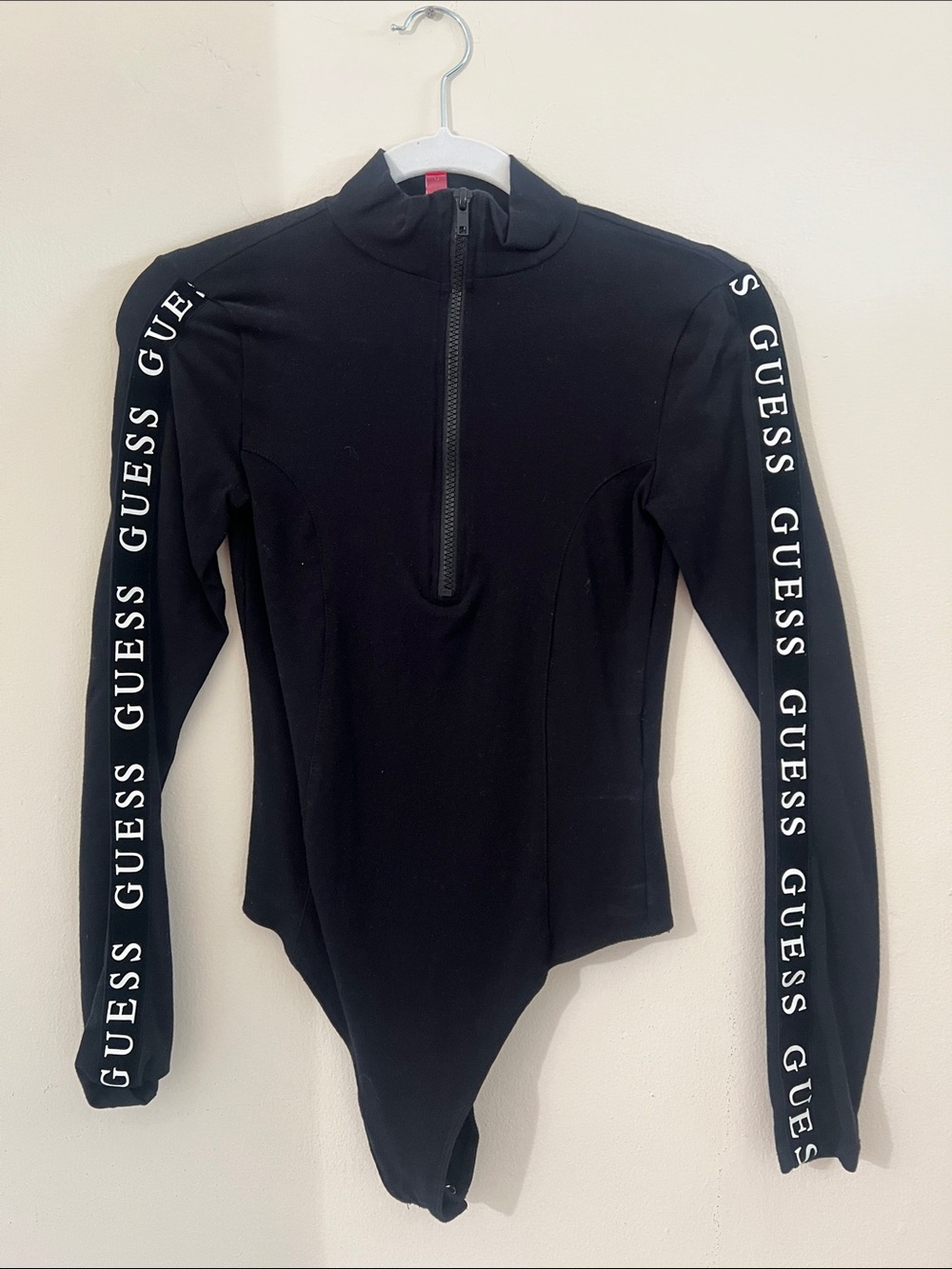 GUESS Black Long-Sleeve Zip-Front Logo Bodysuit